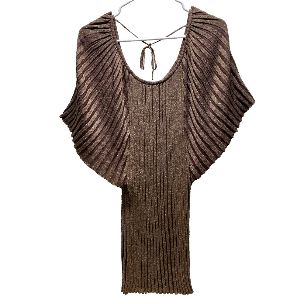Vintage Spiegel Ribbed Mini Dress Women's Medium Gold Tan Shimmer Batwing Top EC